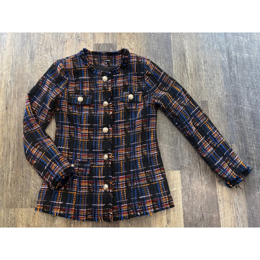 Fashion Nova Multi-Color Plaid Tweed Jacket Gold Crest Buttons Fringe Trim M